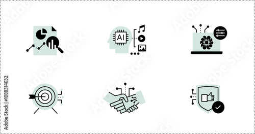 AI-Powered Technology Icons Set. Includes data analytics, collaboration, AI-driven security, and machine learning for modern tech applications.