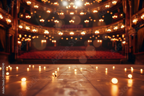 Rich mahogany stage floor and golden bokeh lights creating elegance in a grand theater.