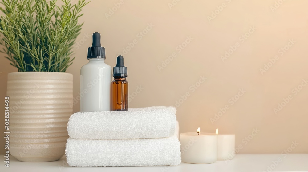 Spa setting enhancing wellness with essential oils and soft towels Spa setting enhancing wellness with essential oils and soft towels
