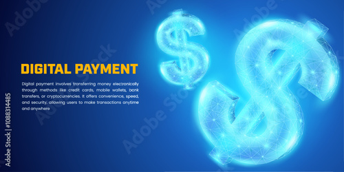 Digital money saving on dark blue background, abstract light wireframe illustration of the dollar symbol suitable for presentation background on financial and economic issues.