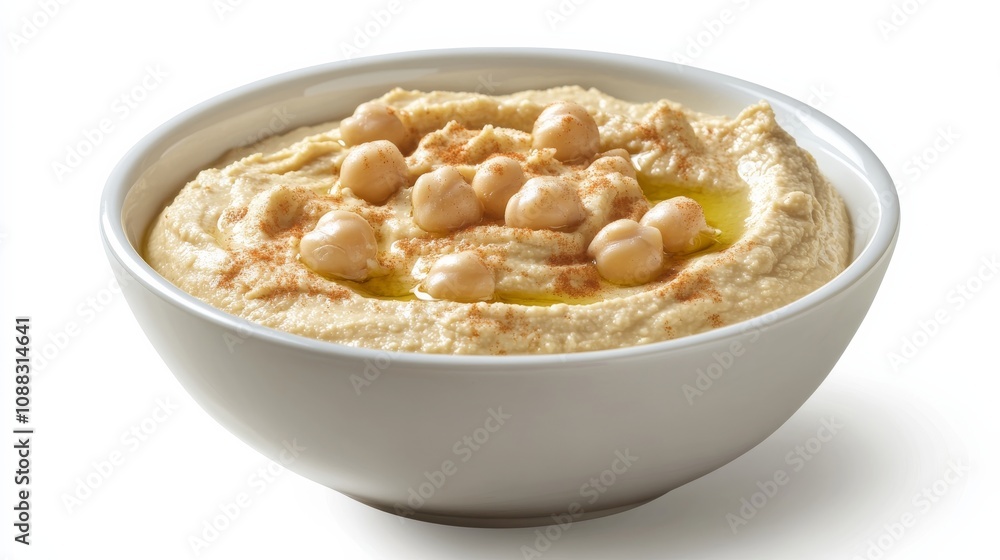 A bowl of creamy hummus with chickpeas, tahini, lemon juice A bowl of creamy hummus with chickpeas, tahini, lemon juice