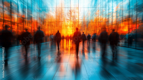 bustling crowd of business professionals moves swiftly through a modern office building, showcasing energy, ambition, and the dynamic nature of corporate life in a contemporary workspace