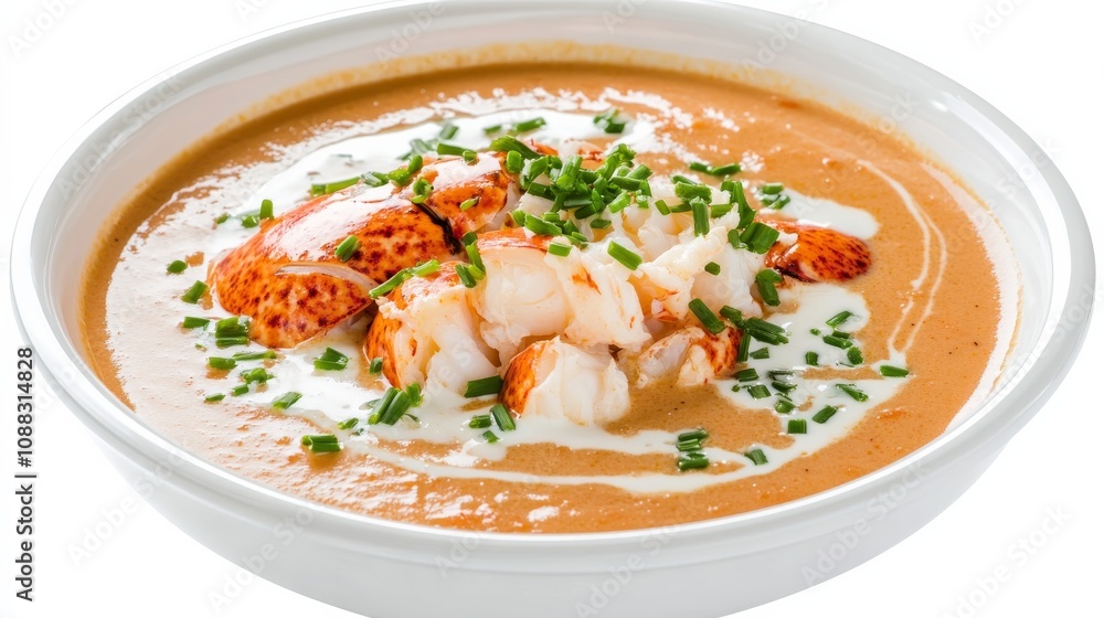 A bowl of creamy lobster bisque garnished with a drizzle of cream and fresh chives, Its rich, velvety texture and delicate seafood flavor enticingly displayed A bowl of creamy lobster bisque garnished with a drizzle of cream and fresh chives, Its rich, velvety texture and delicate seafood flavor enticingly displayed