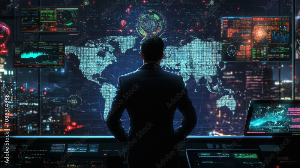 A businessman uses technology to understand global laws and regulations, ensuring his business follows them. A businessman uses technology to understand global laws and regulations, ensuring his business follows them.