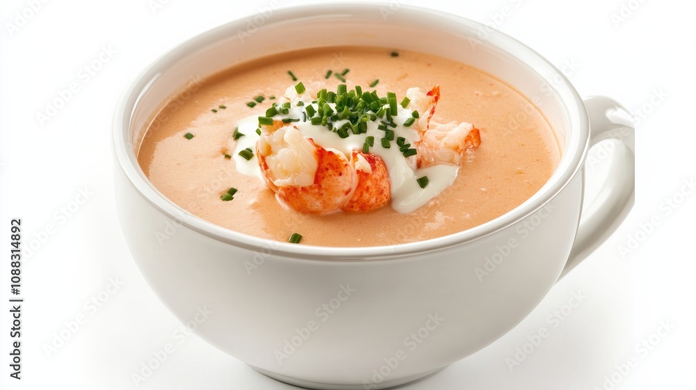 A bowl of creamy lobster bisque garnished with a drizzle of cream and fresh chives, Its rich, velvety texture and delicate seafood flavor enticingly displayed A bowl of creamy lobster bisque garnished with a drizzle of cream and fresh chives, Its rich, velvety texture and delicate seafood flavor enticingly displayed