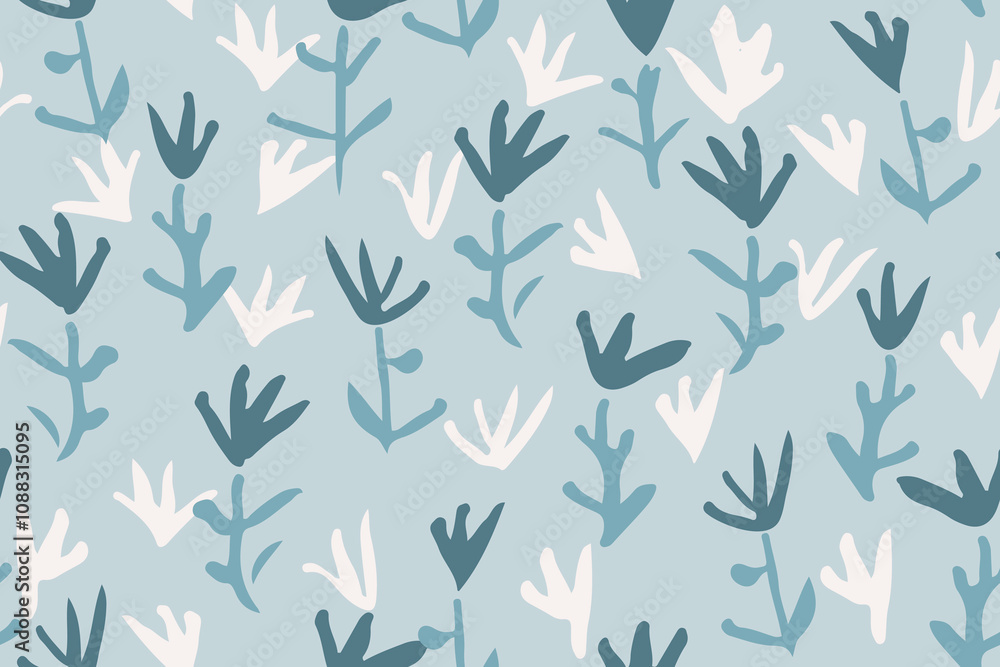 Tiny florals on grassland. Hand-painted simple flower and grass pattern in shades of blue and white. A seamless vector pattern. Great for home decor, fabric, wallpaper, giftwrap, stationery, packaging Tiny florals on grassland. Hand-painted simple flower and grass pattern in shades of blue and white. A seamless vector pattern. Great for home decor, fabric, wallpaper, giftwrap, stationery, packaging