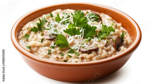 A bowl of creamy mushroom risotto garnished with fresh parsley and grated Parmesan cheese, Its rich, earthy flavor and creamy texture invitingly displayed