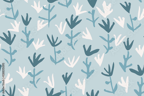 Tiny florals on grassland. Hand-painted simple flower and grass pattern in shades of blue and white. A seamless vector pattern. Great for home decor, fabric, wallpaper, giftwrap, stationery, packaging