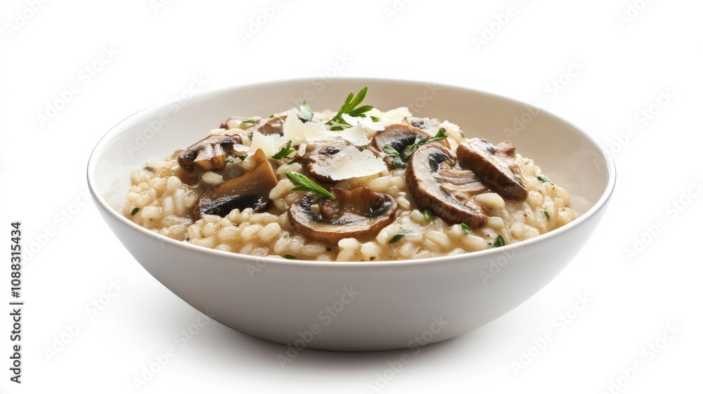 A bowl of creamy mushroom risotto with Arborio rice, mixed mushrooms, and Parmesan cheese A bowl of creamy mushroom risotto with Arborio rice, mixed mushrooms, and Parmesan cheese