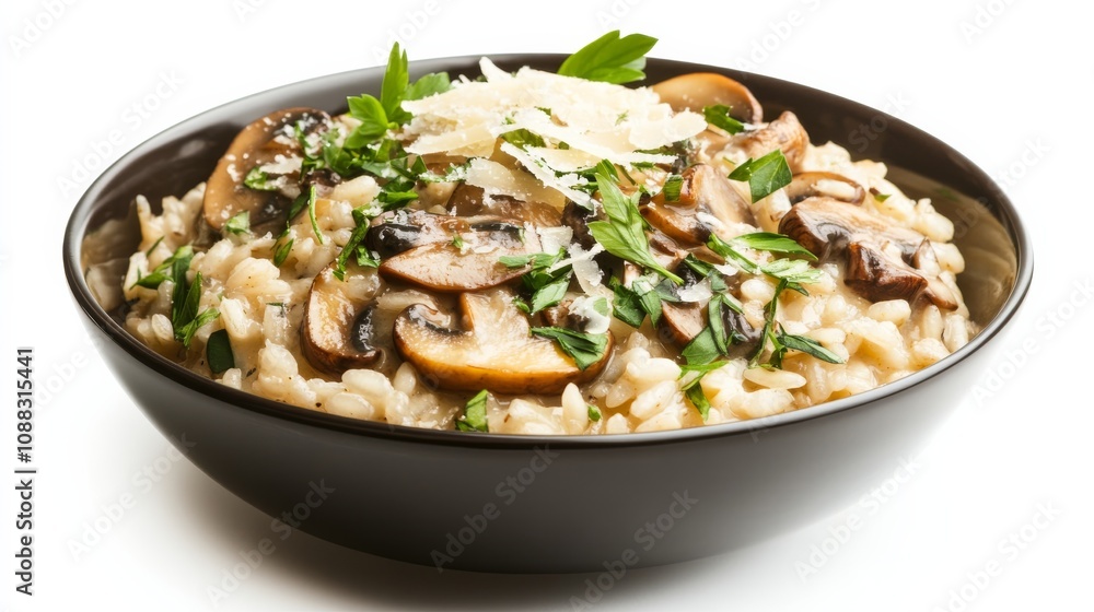 A bowl of creamy mushroom risotto with Arborio rice, mushrooms, Parmesan cheese A bowl of creamy mushroom risotto with Arborio rice, mushrooms, Parmesan cheese