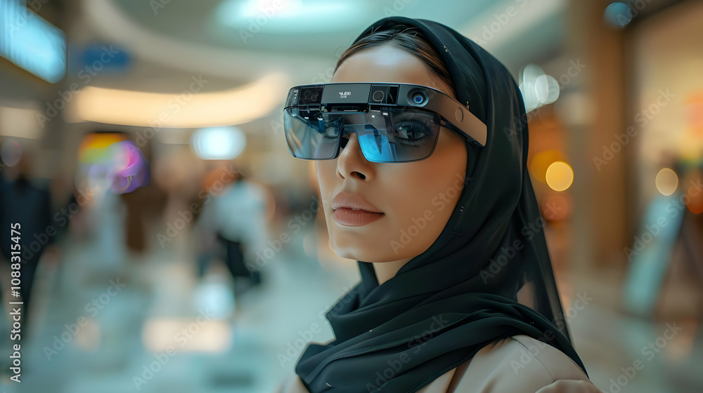 Woman in Hijab Wearing Smart Glasses in a Modern Shopping Mall Background Woman in Hijab Wearing Smart Glasses in a Modern Shopping Mall Background