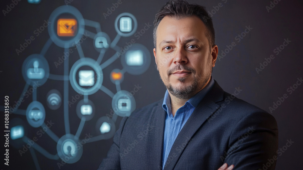 A businessman shows icons for a super-fast 5G network. This represents quick internet, easy communication, and advanced business and social media. A businessman shows icons for a super-fast 5G network. This represents quick internet, easy communication, and advanced business and social media.