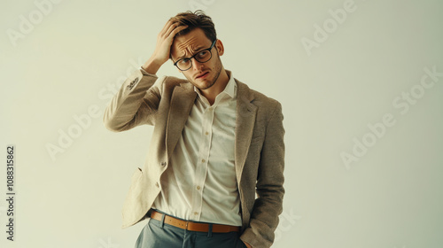 Man in business casual attire holding his head in frustration, conveying sense of stress and concern