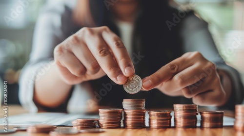 Woman putting coins on stack with holding money, Concept business, finance, money saving and investment