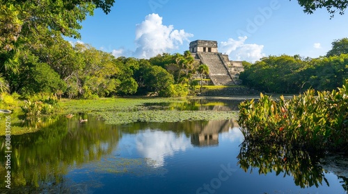 Majestic Mayan Temple Reflection in Serene Pond Amid Lush Flora and Wildlife - Ultra-Detailed Shot of Ancient Civilization Wonder