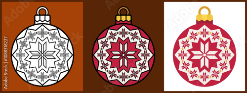 Christmas Ornament Balls with Flower Logo Circle, Outline Coloring Flat style. Vector illustration.