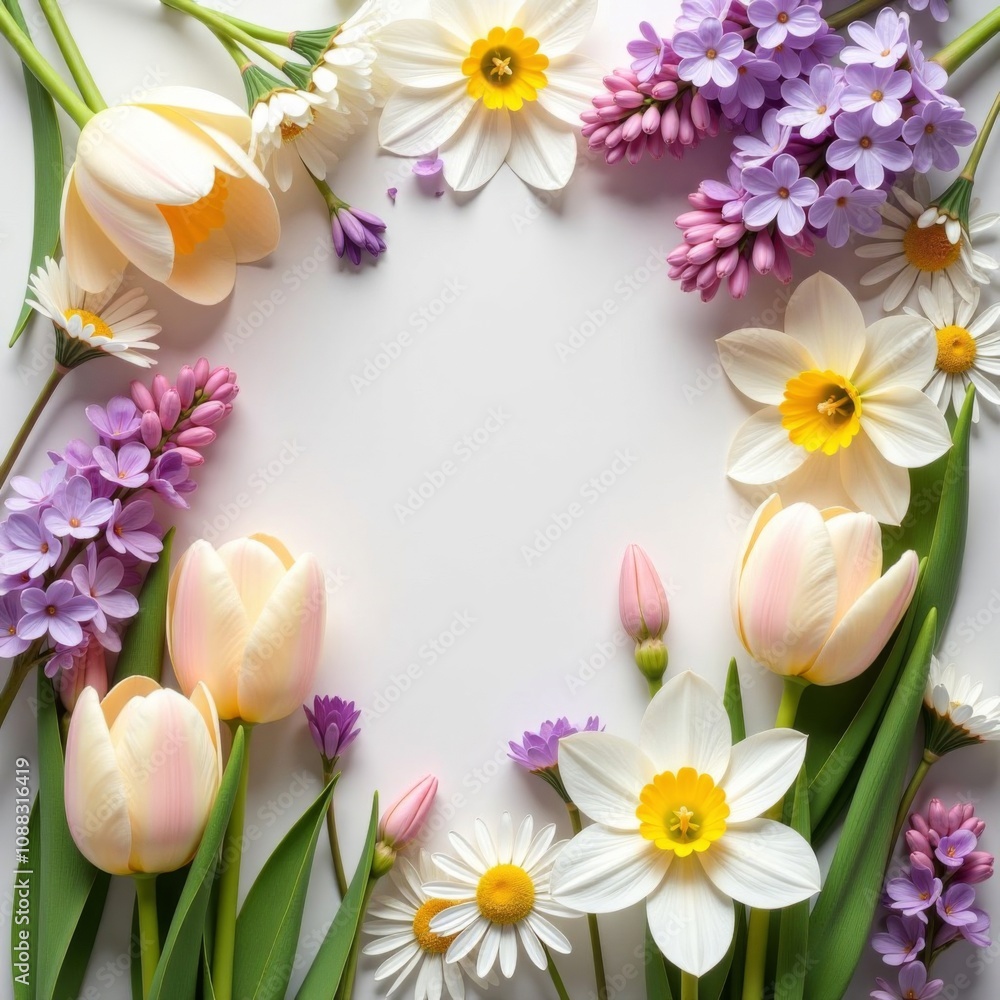 Top down view, many spring flowers, tulips, daffodils, daisies, chamomile, lilac, background made of flowers, soft light pastel colors Top down view, many spring flowers, tulips, daffodils, daisies, chamomile, lilac, background made of flowers, soft light pastel colors
