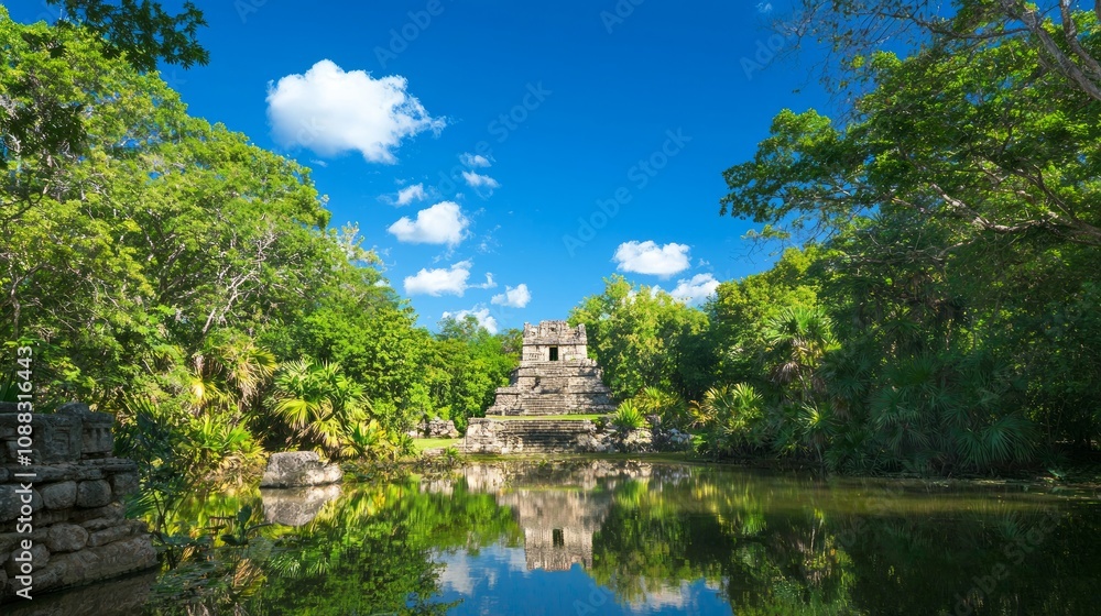 Serene Mayan Temple Reflection in Tranquil Pond Surrounded by Vibrant Flora and Wildlife Under Clear Blue Sky - Ultra-Detailed Mayan Civilizations Landscape Serene Mayan Temple Reflection in Tranquil Pond Surrounded by Vibrant Flora and Wildlife Under Clear Blue Sky - Ultra-Detailed Mayan Civilizations Landscape