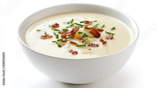 A bowl of creamy potato soup garnished with crispy bacon bits and chives, Its rich, velvety texture and comforting flavor enticingly displayed