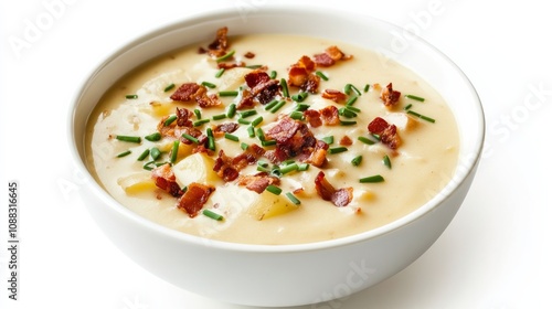 A bowl of creamy potato soup garnished with crispy bacon bits and chives, Its rich, velvety texture and comforting flavor enticingly displayed