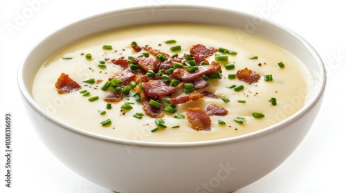 A bowl of creamy potato soup garnished with crispy bacon bits and chives, Its rich, velvety texture and comforting flavor enticingly displayed