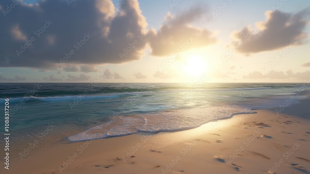 Serene beach sunset, golden hour light, crashing waves, sandy shore, dunes with beach grass, fluffy clouds, vibrant sky, ocean horizon, tranquil seascape, warm tones, long exposure water effect. Serene beach sunset, golden hour light, crashing waves, sandy shore, dunes with beach grass, fluffy clouds, vibrant sky, ocean horizon, tranquil seascape, warm tones, long exposure water effect.