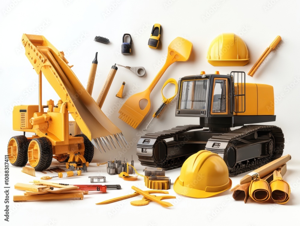 Various construction equipment placed on a white background. Various construction equipment placed on a white background.