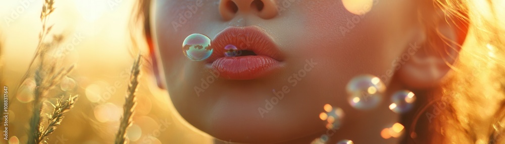 Fototapeta premium Child Blowing Bubbles in Sunlit Field Capturing Whimsical Summer Moments with Golden Light and Nature