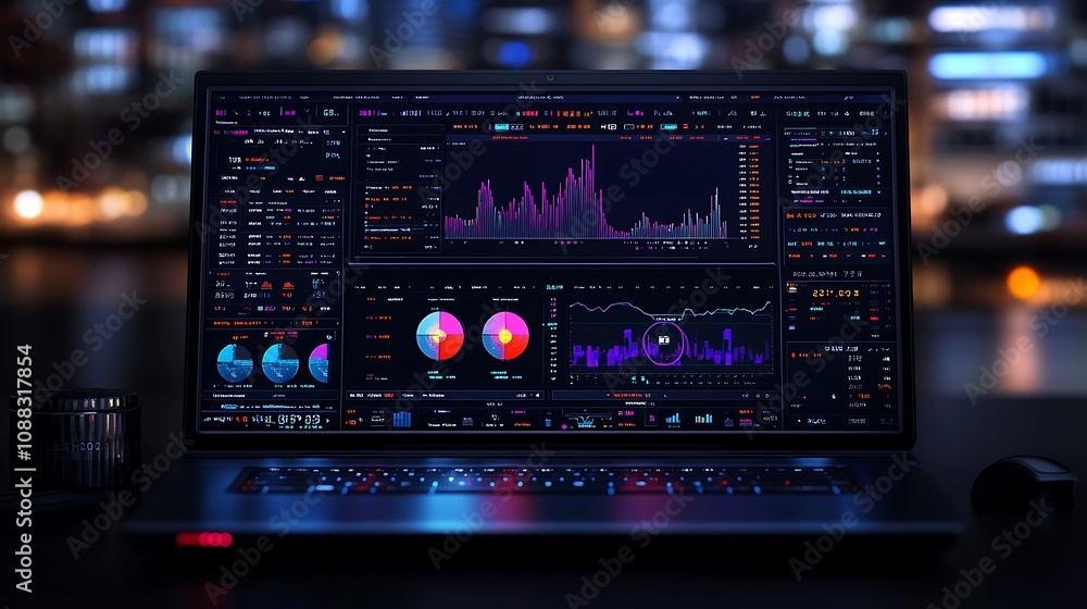 Obraz premium A high-resolution image of a laptop screen showcasing a dynamic crypto trading interface, filled with market trend indicators, moving averages, and volume bars.