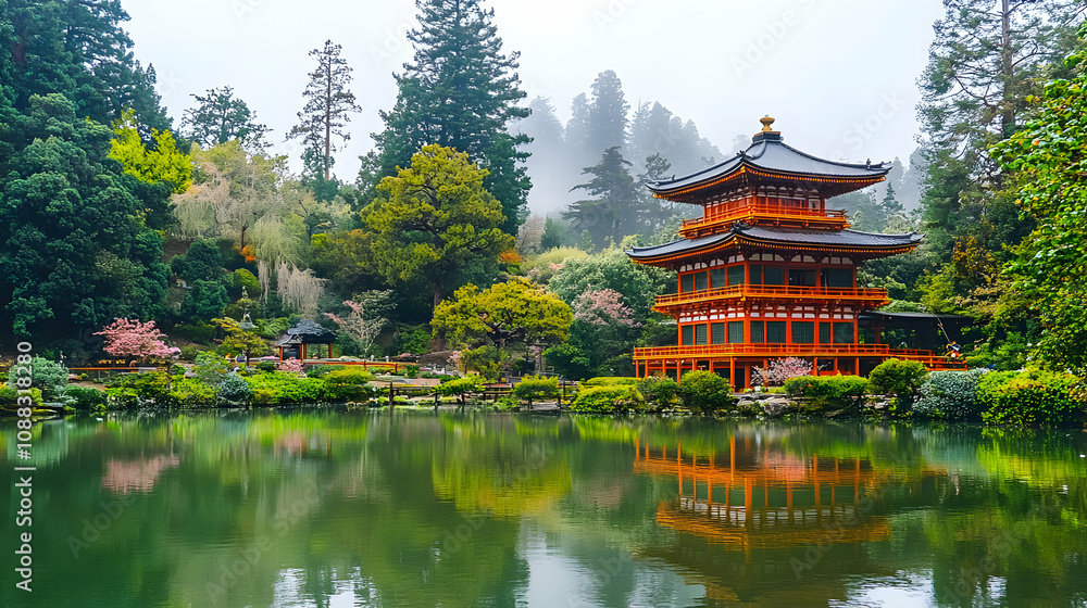Fototapeta premium Serene Japanese Pagoda Reflects in Calm Pond, Surrounded by Lush Green Gardens and Misty Trees