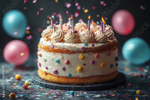 Beautiful birthday cake surrounded by colorful balloons and festive decorations