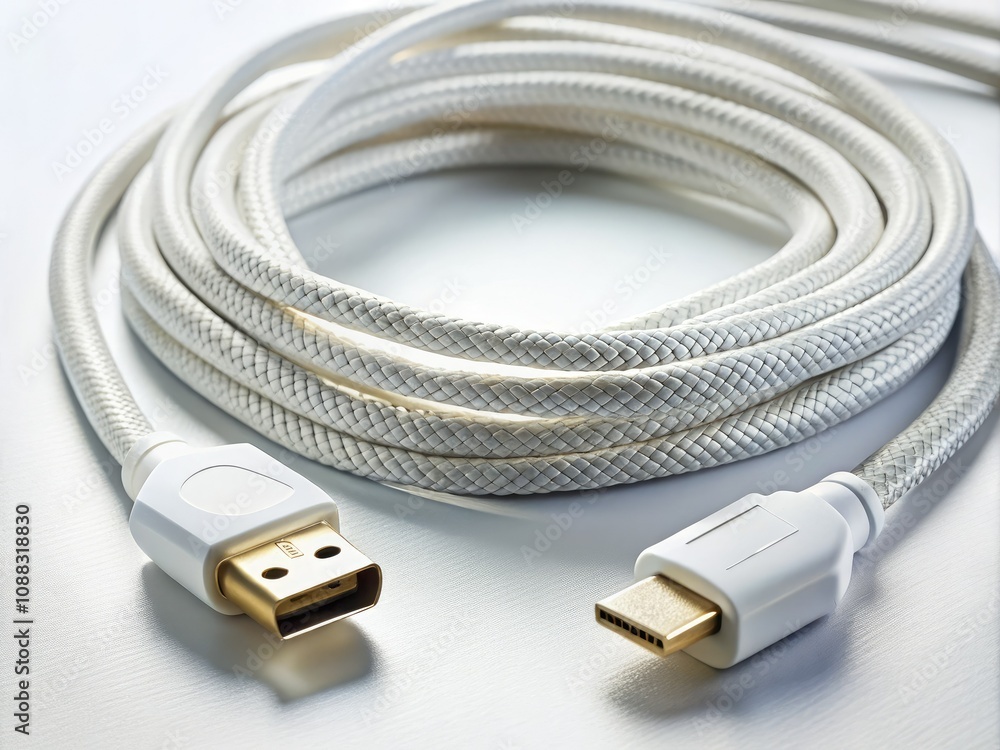 White USB and HDMI Cables on Clean Background for Digital Connections White USB and HDMI Cables on Clean Background for Digital Connections