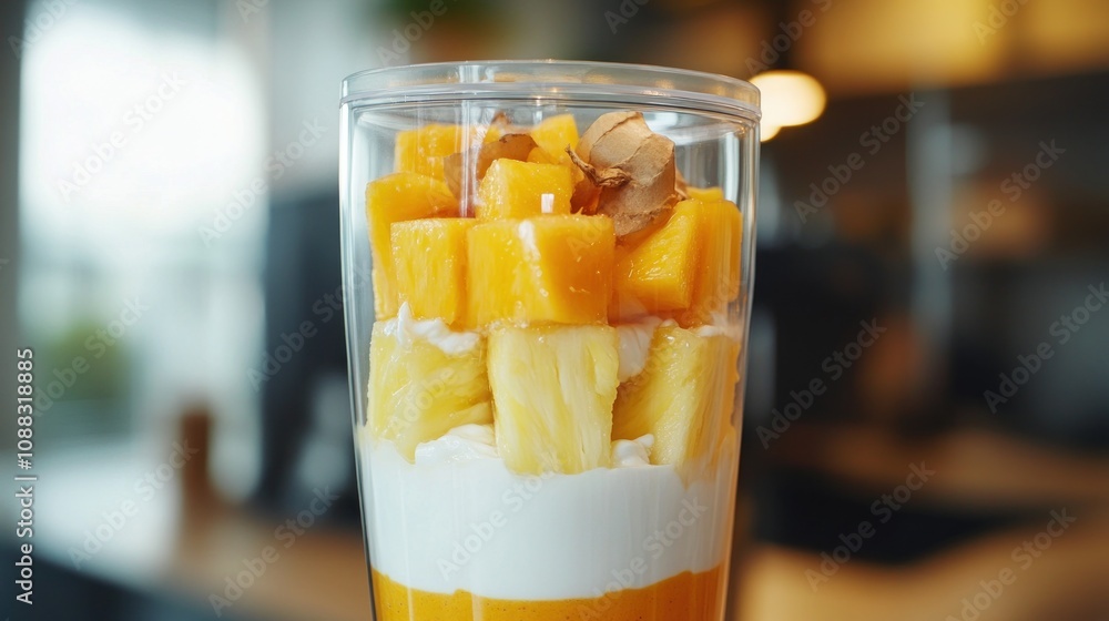 layered dessert featuring mango and pineapple in a clear glass. layered dessert featuring mango and pineapple in a clear glass.