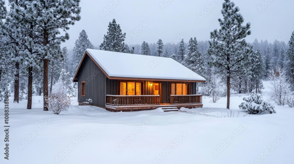 Warm cabin lights glowing through snow-dusted pine trees in an inviting winter scene Warm cabin lights glowing through snow-dusted pine trees in an inviting winter scene