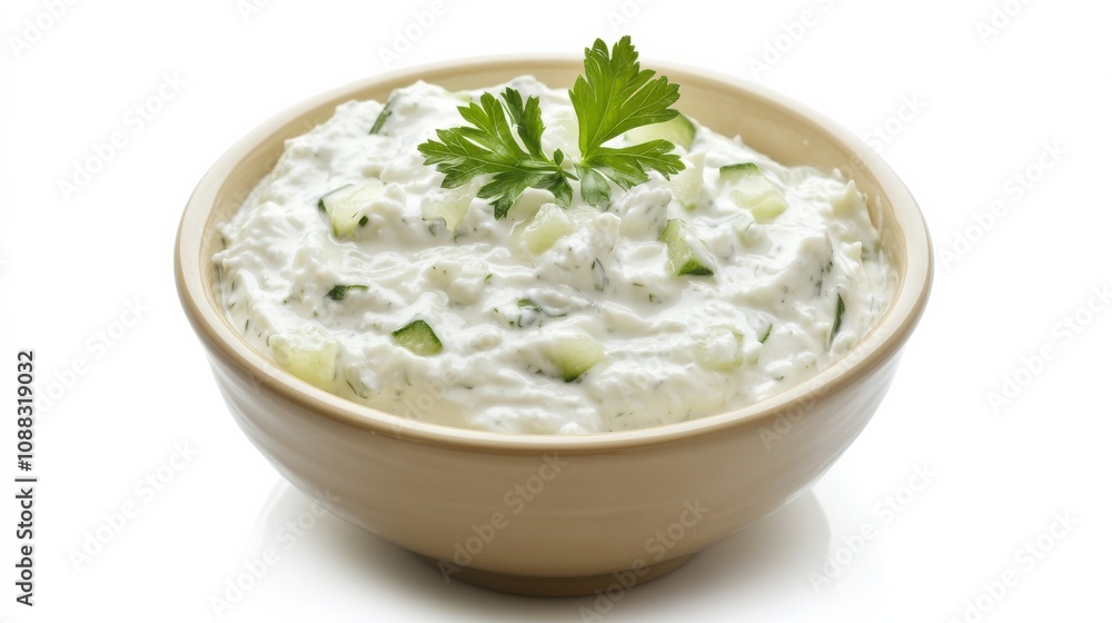 A bowl of creamy tzatziki sauce with grated cucumber, garlic, and Greek yogurt A bowl of creamy tzatziki sauce with grated cucumber, garlic, and Greek yogurt