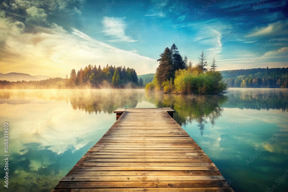 Wooden Dock Over Water in Cut Paper Collage Style for Relaxation and Nature Themes Wooden Dock Over Water in Cut Paper Collage Style for Relaxation and Nature Themes