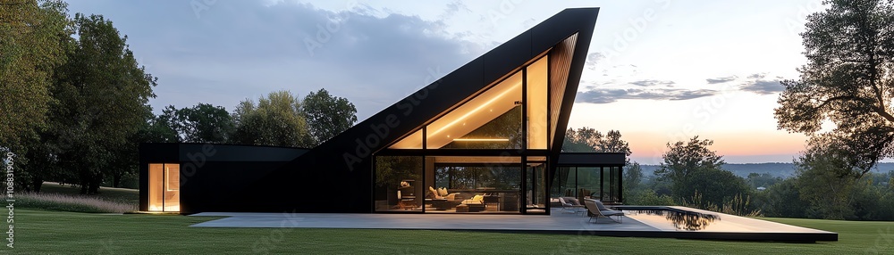 Obraz premium A compact Aframe house with a seamless transition between the indoors and outdoors, set in a quiet meadow