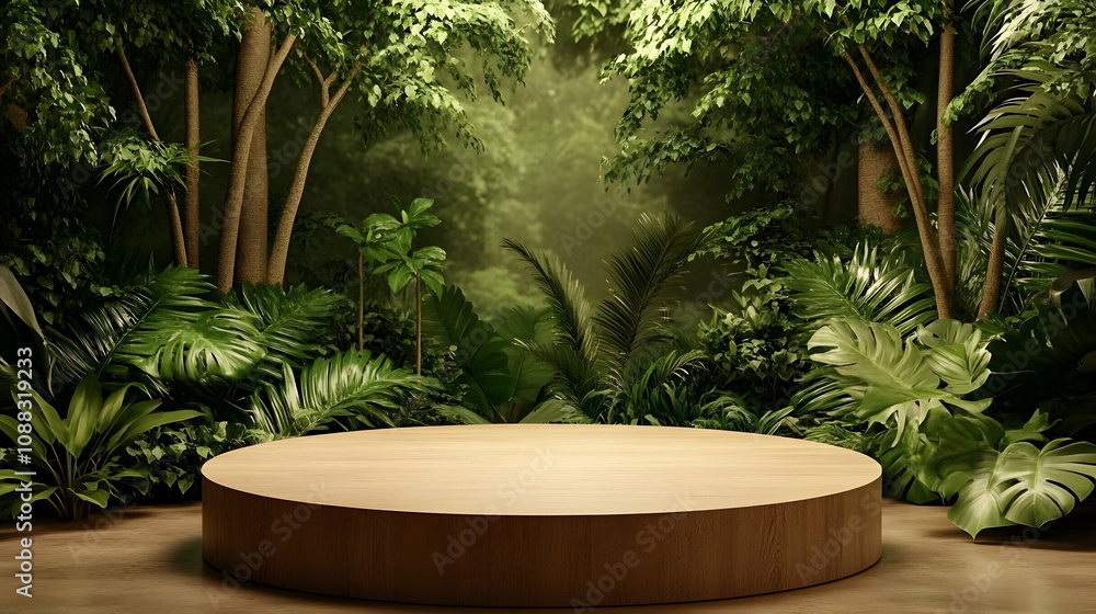 3D Render of a Wooden Podium Surrounded by Lush Tropical Foliage, Creating a Natural and Serene Display Setting 3D Render of a Wooden Podium Surrounded by Lush Tropical Foliage, Creating a Natural and Serene Display Setting
