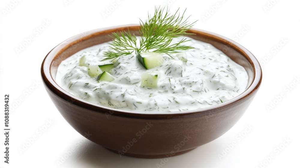 A bowl of creamy tzatziki sauce with Greek yogurt, cucumber, garlic A bowl of creamy tzatziki sauce with Greek yogurt, cucumber, garlic