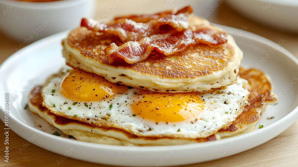 Delicious Buttery Pancakes Topped with Crispy Bacon and Sunny-Side Up Eggs Delicious Buttery Pancakes Topped with Crispy Bacon and Sunny-Side Up Eggs