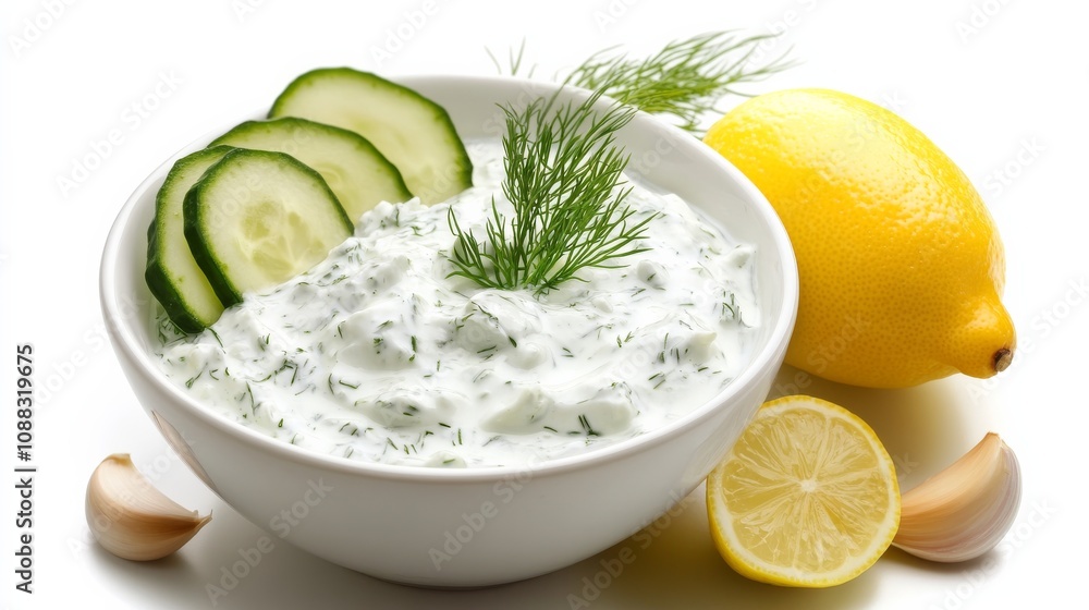 A bowl of creamy tzatziki sauce with Greek yogurt, cucumber, garlic A bowl of creamy tzatziki sauce with Greek yogurt, cucumber, garlic