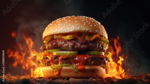 Fiery burger, flame-grilled cheeseburger, sesame seed bun, juicy patty, melted cheese, intense flames, dramatic lighting, dark background, high-contrast, cinematic, food photography, ultra-realistic,
