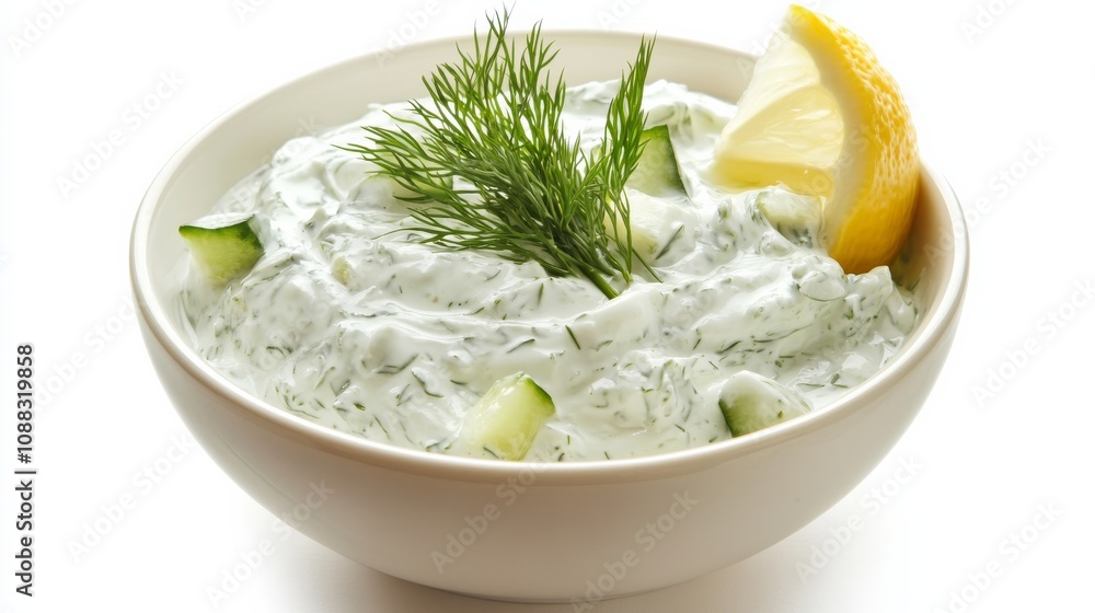 A bowl of creamy tzatziki sauce with Greek yogurt, cucumber, garlic A bowl of creamy tzatziki sauce with Greek yogurt, cucumber, garlic