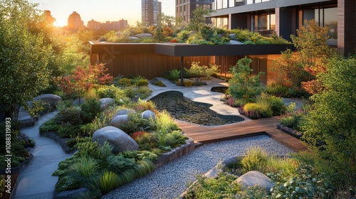 Modern Urban Rooftop Garden with Lush Greenery and Serene Pond at Sunset in a Cityscape Setting photo