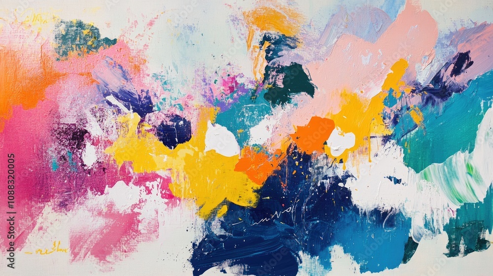 Fototapeta premium Vibrant abstract artwork featuring an explosion of colors including pink, yellow, navy, orange, and white, creating a dynamic and energetic composition.