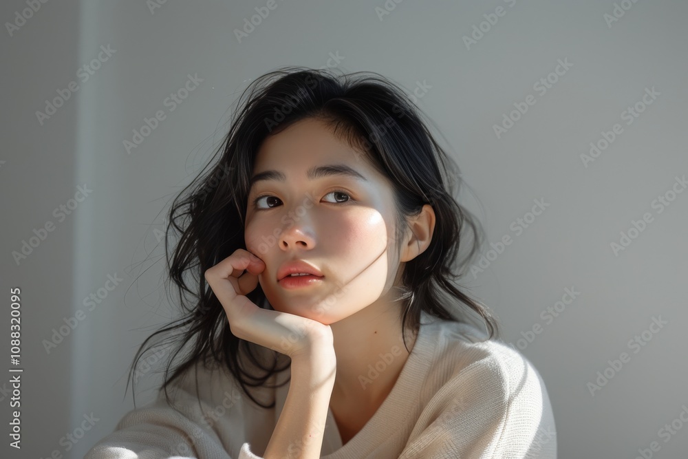 Stylish portrait of a young woman with dark hair, creating an atmosphere of elegance and refinement Stylish portrait of a young woman with dark hair, creating an atmosphere of elegance and refinement