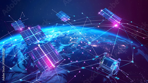 Data technology for global connections, business analytics, financial data, communications, data science and AI. Telecommunication satellites orbiting around Earth. Space innovation