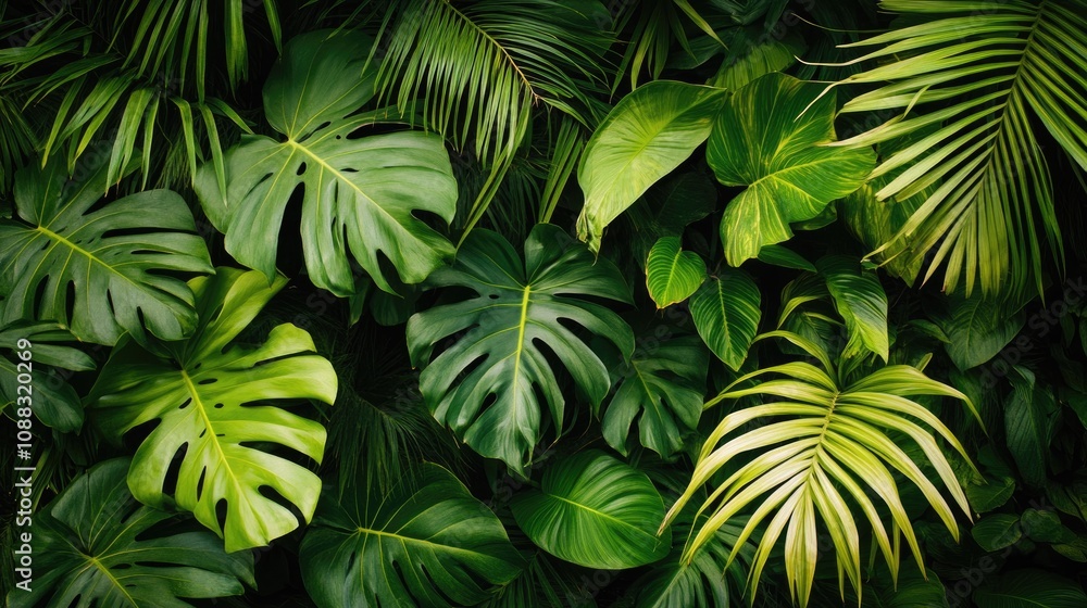 Lush green palm leaves and vibrant foliage create a tropical jungle wallpaper with rich textures and vivid colors perfect for nature-inspired decor. Lush green palm leaves and vibrant foliage create a tropical jungle wallpaper with rich textures and vivid colors perfect for nature-inspired decor.
