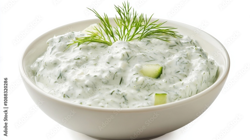 A bowl of creamy tzatziki sauce with Greek yogurt, grated cucumber, garlic A bowl of creamy tzatziki sauce with Greek yogurt, grated cucumber, garlic