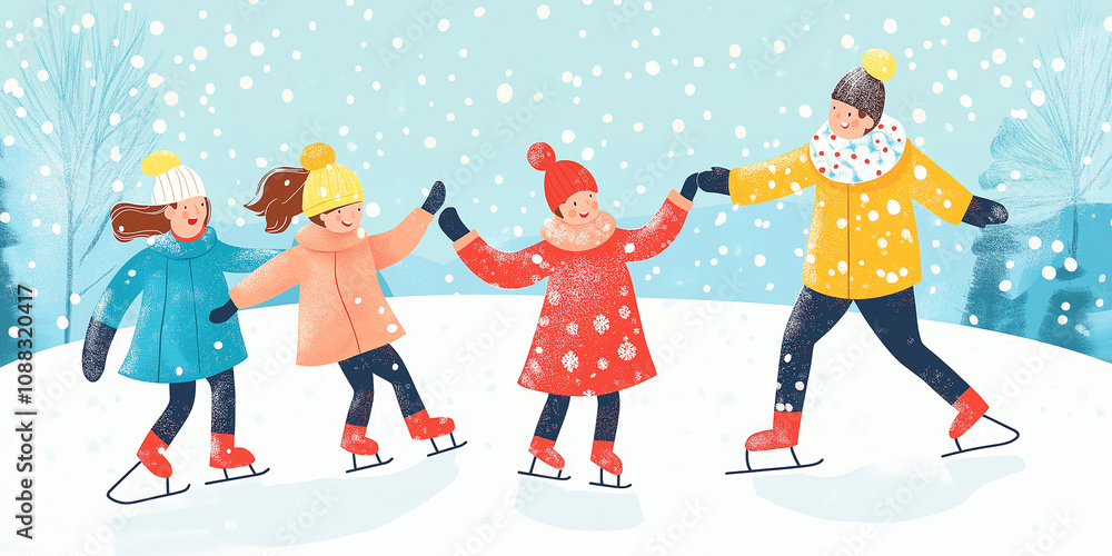 Fototapeta premium Snowy Ice Skating Scene with Family: A cozy and festive artwork
